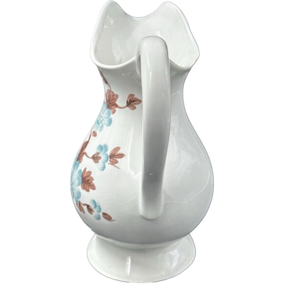 Large Blue and Brown Ceramic Floral Pitcher made in Italy 11.25" Tall - Picture 2 of 6
